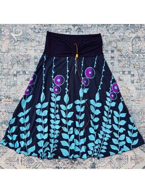 Y2K Blue Purple Floral Boho Fairy Midi Skirt Size L Stretch Jersey A line 2000s